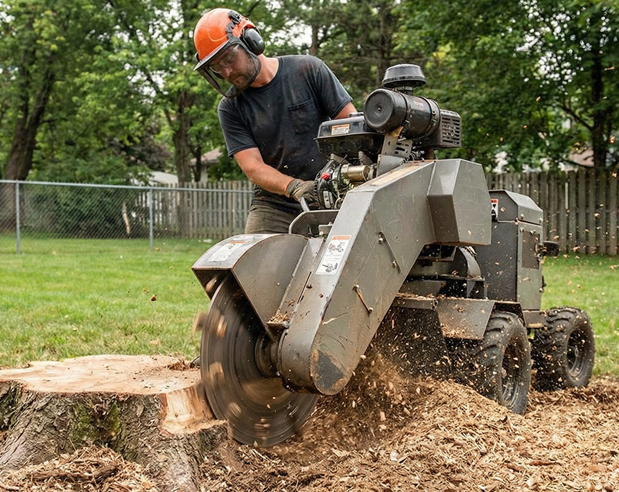 Stump grinding equipment removing a tree stump